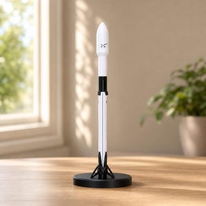 May include: A white and black SpaceX Falcon 9 rocket model standing vertically on a circular black base. The rocket features a white cylindrical body with a black logo on the upper section, a black mid-section, and a black landing leg structure.
