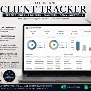 May include: A digital client tracker dashboard displayed on a laptop screen, featuring sections for client management, project tracking, payment overview, and communication logs. The interface includes charts, tables, and data summaries for business organization.