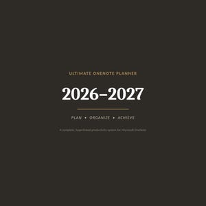 May include: A dark brown digital planner cover featuring the text ULTIMATE ONENOTE PLANNER, the years 2026-2027 in a large serif font, the words PLAN • ORGANIZE • ACHIEVE, and the text A complete, hyperlinked productivity system for Microsoft OneNote.