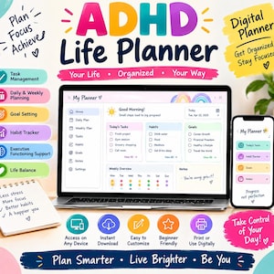 Könnte beinhalten: Ein digitaler ADHD-Lebensplaner auf einem Laptop- und Smartphone-Bildschirm mit Bereichen für Aufgabenmanagement, Gewohnheitsverfolgung und Zielsetzung. Die Benutzeroberfläche enthält farbenfrohe Symbole, Textbeschriftungen und eine Tagesübersicht mit einer "Good Morning!"-Begrüßung.