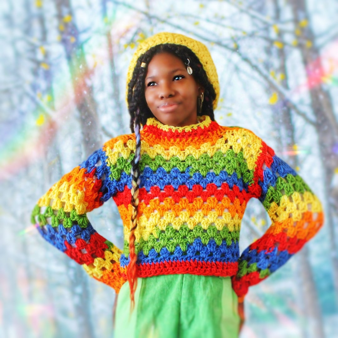 Rainbow crochet sweater clearance
