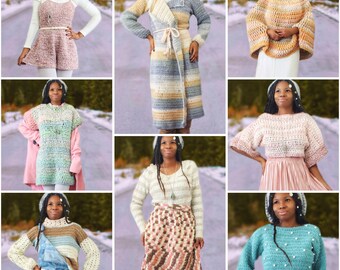 May include: Nine different crochet tops and dresses in various colors and styles. The tops and dresses are all made with a variety of stitches and textures. Some of the tops have long sleeves, while others have short sleeves or no sleeves. Some of the dresses are long, while others are short. The tops and dresses are all made with a variety of yarns, including cotton, wool, and acrylic.
