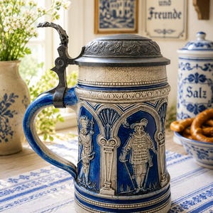 Pode incluir: Uma caneca de cerveja de cerâmica com um esquema de cores azul e creme, apresentando figuras em relevo de personagens históricos em painéis arqueados. O recipiente inclui uma tampa de metal articulada com detalhes de folhas e uma alça curva.
