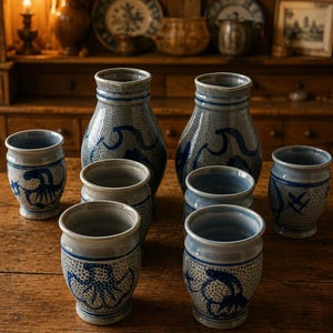 Vintage West German Salt Glaze Stoneware Drink Set | 2 Pitchers, 6 Cups | Original Boxes | Westerwald Pottery