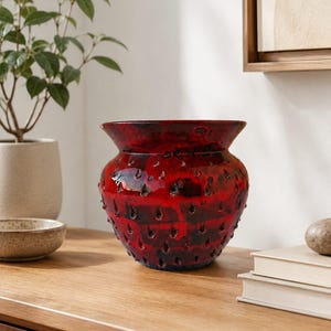 Fratelli Fanciullacci Attributed Strawberry Vase, Vintage Italian Red Black Art Pottery, 1960s Mid Century Cachepot