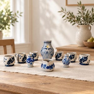 Può includere: Una collezione di recipienti in ceramica grigio chiaro con motivi floreali e a volute dipinti a mano in blu cobalto. Il set comprende un vaso centrale, una piccola brocca, due vasi stretti e sei piccole tazze disposti su un runner in tessuto.