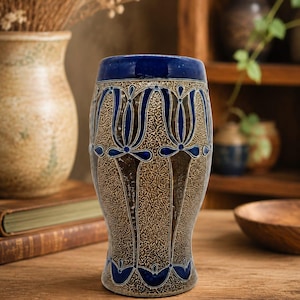 Vintage West German Salt Glaze Vase- Brigitte's Töpferei- Handmade Westerwald Stoneware, Art Nouveau Tulip Relief Pottery