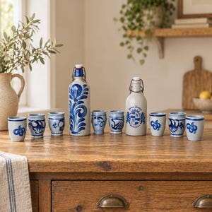 Może przedstawiać: Zestaw dwóch ceramicznych butelek z zamknięciem pałąkowym oraz ośmiu pasujących małych kubków, wszystkie na jasnoszarym tle z ręcznie malowanymi niebieskimi wzorami kwiatowymi i zawijasami. Jedna butelka posiada okrągły herb z napisem Franz Joseph Habelbier.