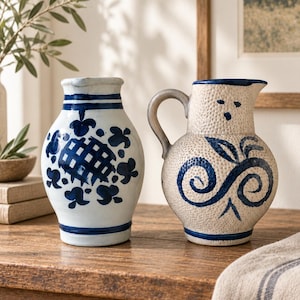 May include: Two ceramic pitchers with blue hand-painted designs. The left pitcher is white with a blue grid and floral pattern. The right pitcher has a textured, speckled beige surface with a blue swirling leaf motif and a curved handle.