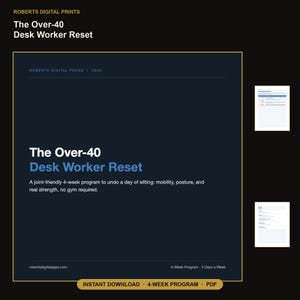 May include: A digital document titled The Over-40 Desk Worker Reset by Roberts Digital Prints. The dark blue cover features white and blue text describing a 4-week program for mobility, posture, and strength. Includes two smaller page previews.