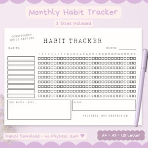 Könnte beinhalten: Ein weißes monatliches Gewohnheits-Tracker-Blatt mit schwarzem Text und Rasterfeldern. Die Kopfzeile enthält HABIT TRACKER, CONSISTENCY BUILD RESULTS und MONTH. Unten befinden sich Felder für THIS MONTH I WILL, NOTES und PROGRESS, NOT PERFECTION.