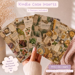 May include: Four rectangular Kindle case inserts featuring collage-style designs with food themes including fruit, herbs, and pasta. The prints incorporate vintage-style paper textures, handwritten notes, and culinary illustrations in warm, earthy tones.