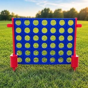 May include: A large blue plastic grid game board with seven columns and six rows of circular holes, supported by two vertical red plastic posts. The base of each red post features a stack of circular red weights for stability on the ground.
