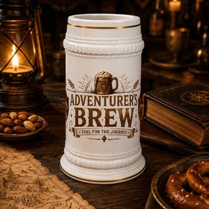 May include: A white ceramic beer stein featuring a gold rim and a brown graphic print that reads ADVENTURER'S BREW FUEL FOR THE JOURNEY, accompanied by an illustration of a frothy mug. The stein has a textured beaded border at the top and base.
