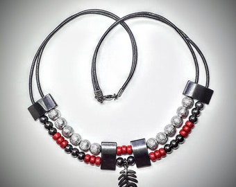 Black Hematite Red Czech Glass Leather Necklace