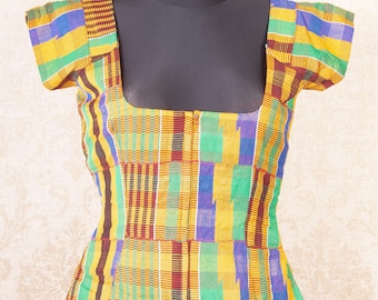 Vibrant African Kente Print Crop Top / Colorful Fitted Short Sleeve Festival Blouse / Small