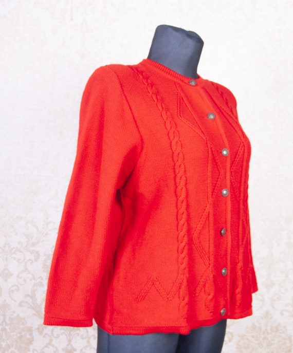 Bright Red  Pure new wool Knitted Dirndl Cardigan… - image 6