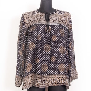 Top in carta sottile di garza nera indiana Vtg / Top a maniche lunghe Hippie Boho etnico India Vintage / DANNEGGIATO / taglie dalla piccola alla grande