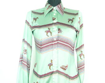 Vintage 70s Wayne Rogers Disco Shirt / Llama Bird Print Silky Jersey Dagger Collar /  Small