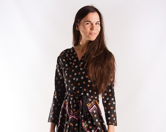Black Floral 70s Vintage Dress: Fit & Flare Faux Silk, Size Small