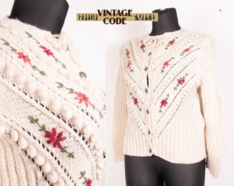 Handknitted Embroidered  Dirndl Trachten  Austrian German Folk Cardigan  /  Bobble Popcorn knit cardigan / sz Medium to Large