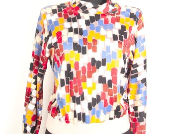 Vintage 80s Kurt Kellermann Brushstroke Top / Cotton Jersey Dolman Sleeve High Neck / S/M