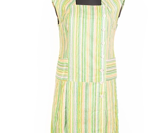 Vintage 70s Green Chevron Dress Sleeveless Cotton Mod Mini Button Front Pocket Dress / M L