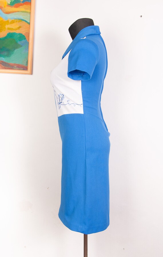 60s 70s short sleeve Mod dress / Blue white Short… - image 3