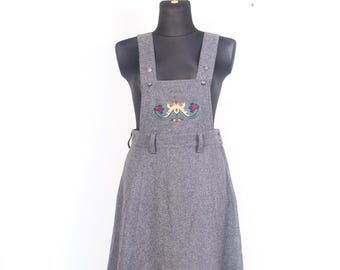 Grey Nordic Folk style Winter wool blend pinafore dress Winter festdrakt Bouviac /  Large