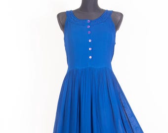 90s Royal Blue Grunge Maxi Dress / Embroidered Viscose Boho Fairycore Festival Sleeveless Blue / S–M