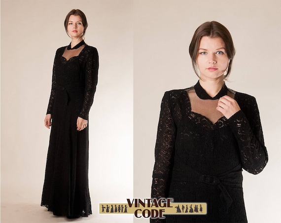 40s 50s Black lace maxi evening gown vintage / Lon