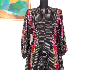 80er Jahre Carnation Floral Polka Dot Kleid: Fledermausärmel Vintage Tagkleid