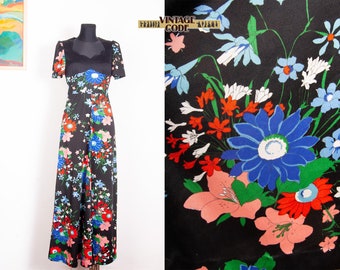 70s vtg Black Floral Jersey maxi dress / Short sleeve A line Accented waist Hippie boho dress /  sz Small