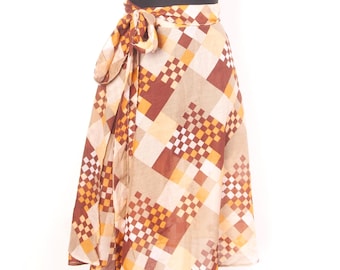 Vintage 70s Geometric Wrap Skirt Rust Mustard  Boho  Lightweight Gauze Festival  / S-L