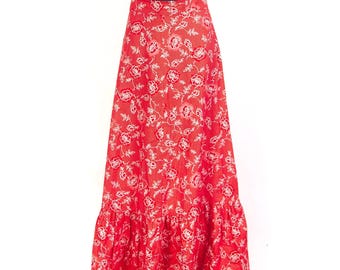 70s Red Floral Prairie Maxi Skirt / Cotton Tiered Peasant Skirt | Cottagecore  Romantic Country  S-M