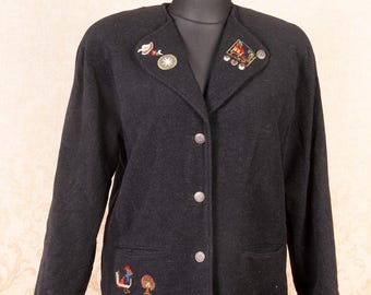 Blazer Trachten vintage bordado de mezcla de lana: chaqueta oversize de estilo folclórico austriaco