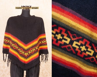 Alpaca blend Black Bright Orange Red fringed  poncho / Vtg Native American Peruvian poncho /  Hippie Festival clothing  / free shipping