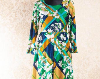 70s Psychedelic Floral Maxi Dress Vintage Boho Hippie Jersey Dress Mod Daisy Print / Small