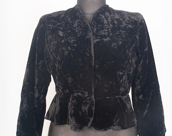 Victorian Style Black Crushed Velvet Jacket / Gothic Peplum Bodice / Romantic Evening Jacket sz L