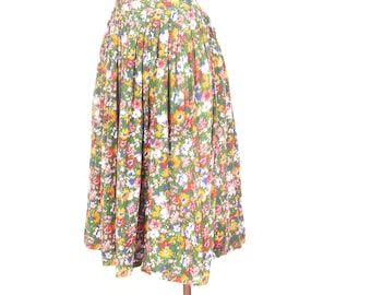 Vintage Green Floral Skirt High Waist Cottagecore Meadow Print  Skirt with Pockets / XS S