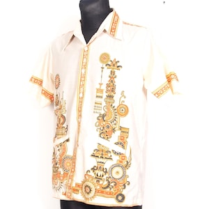 Vintage batik Hawaiiaans shirt jaren 1970: heren retro cabana-stijl, M/L