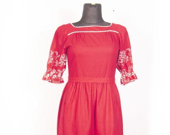 Vintage Folk Dress Red Floral Cotton Rick Rack Trim Pockets / Slovak dress / Size L