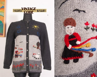 Cardigan brodé fantaisie en laine autrichienne / Grand-mère et chat / Cardigan mignon et drôle des années 90 par Altenbeurer / Taille L à XL