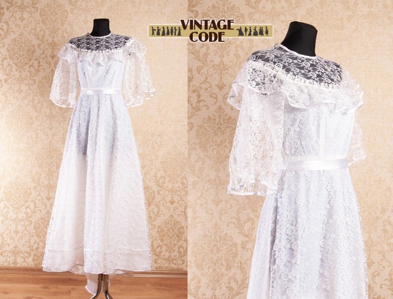 Vintage White Lace Wedding Dress Bridal Gown / La