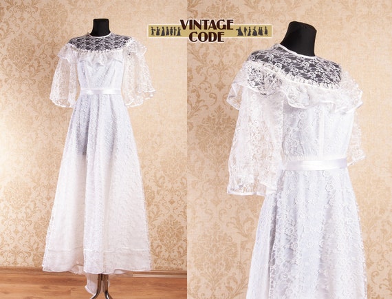 Vintage White Lace Wedding Dress Bridal Gown  / L… - image 1