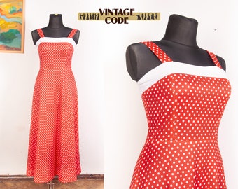 70s vtg Polka dot Maxi strap dress  / Sleeveless Crimped maxi dress by Leygil English vtg /  size  Medium