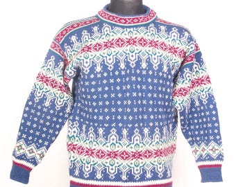 Vtg Dale Of Norway Albertville 1992  blue pure new wool sweater / sz Small / Medium