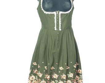 Vintage Bavarian Dirndl Dress 70s Olive Green Embroidered Cotton / German Trachten Balconette Bodice / M