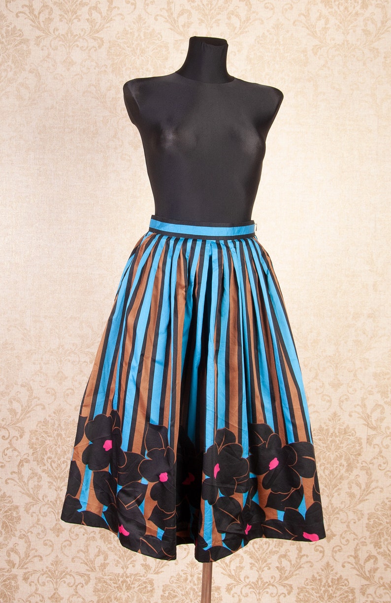 Cotton Full Skirt With Pockets / 50s Style Skirt / Striped Bold Floral ...