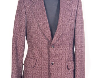 Blazer vintage de los años 70 de pura lana nueva / Chaqueta con estampado geométrico color ciruela de Peter Irmen / S